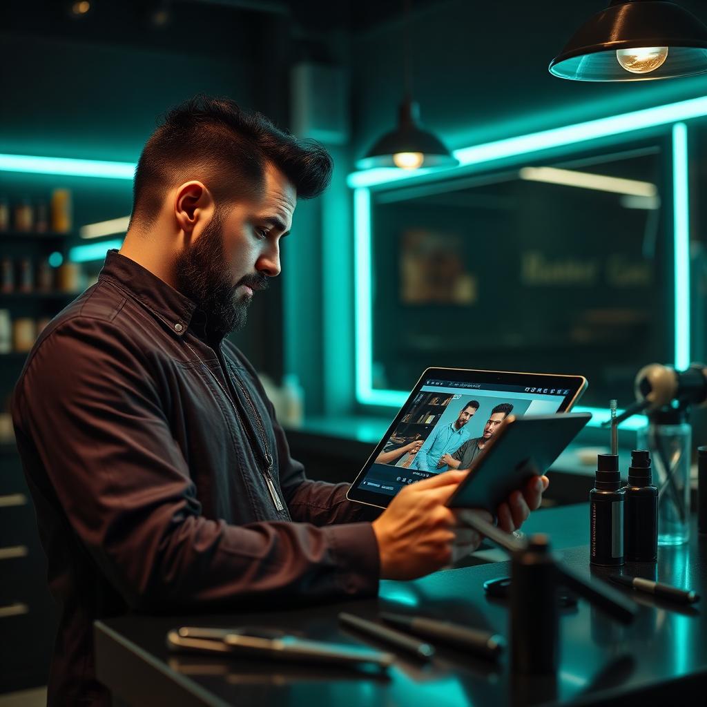 Barber che segue una masterclass online su tablet nel proprio shop: la formazione a distanza è ormai parte integrante del percorso professionale.