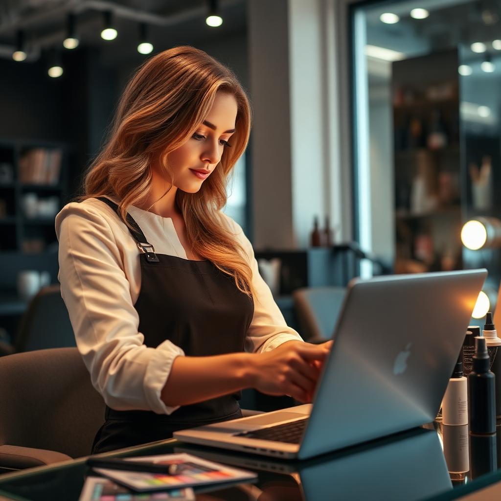 Hair stylist che studia un corso digitale in salone: contenuti tecnici, business e marketing fruibili on demand.