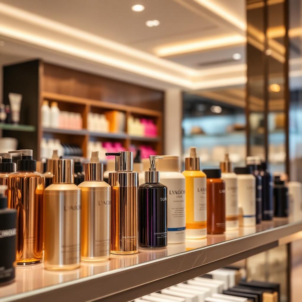 Prodotti cosmetici e haircare premium esposti in un beauty store italiano